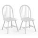 Set of 2 white vintage Windsor wood chairs with spindle back, ergonomic seats for dining room comfort.
